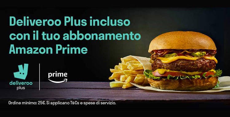 Da oggi Deliveroo Plus è in Amazon Prime. Per 12 mesi pranzi e cene consegnati gratis
