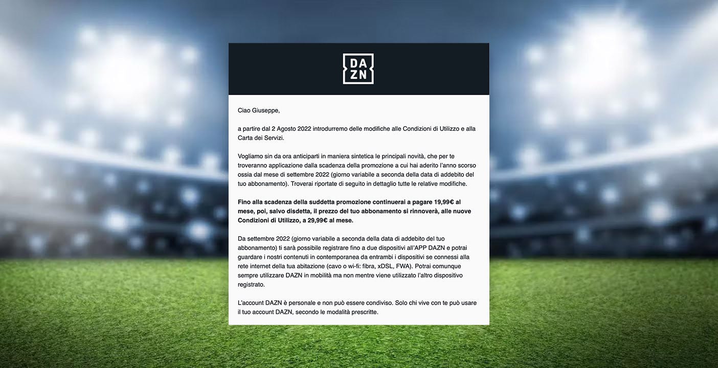 DAZN e Serie A, si parte da 29.99 euro. Per due visioni contemporanee serve DAZN Plus a 39.99 euro al mese