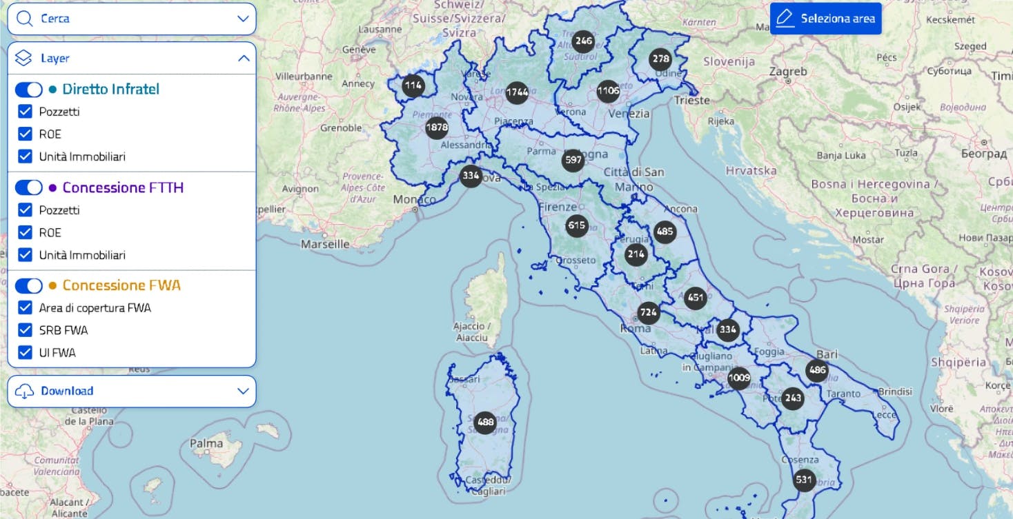 Piano BUL: la nuova mappa interattiva mostra nel dettaglio le reti FTTH e FWA comune per comune